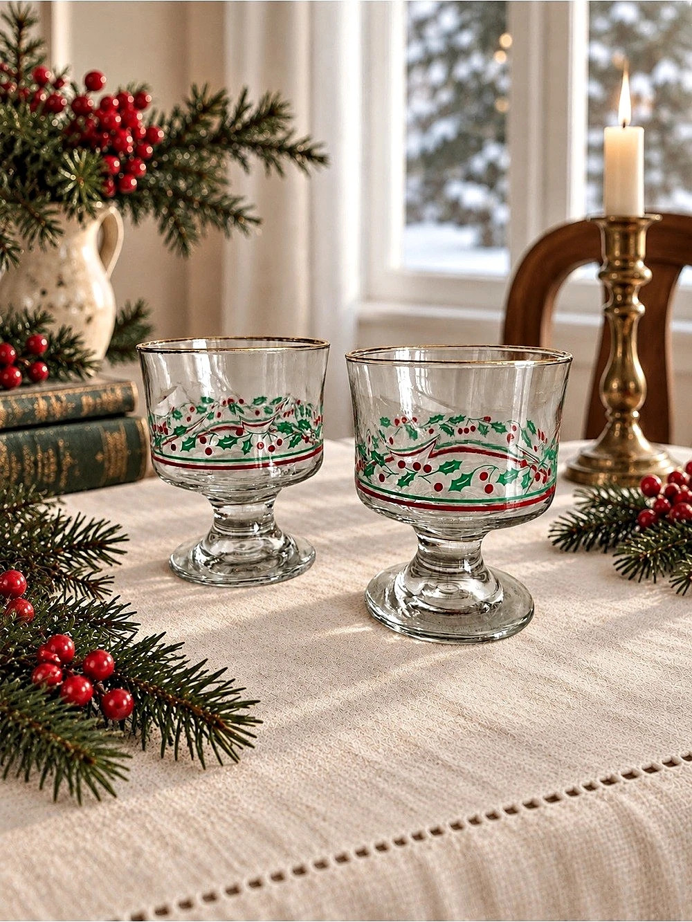 Libbey Christmas Holly and Ribbon Footed Tumbler Tumblers Set of 2